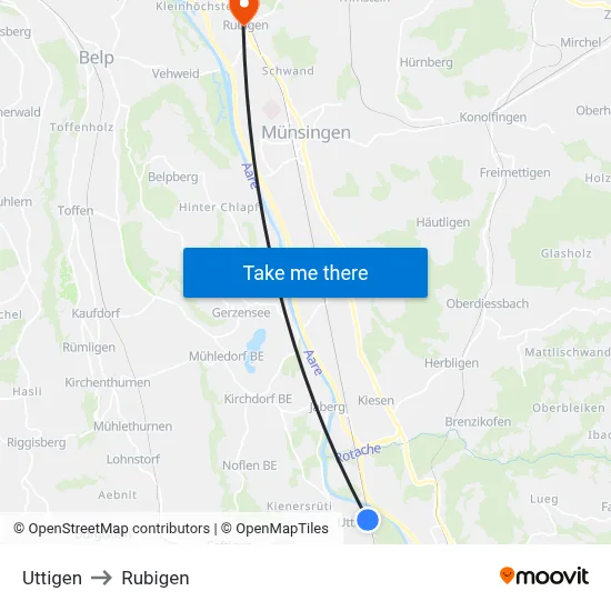 Uttigen to Rubigen map