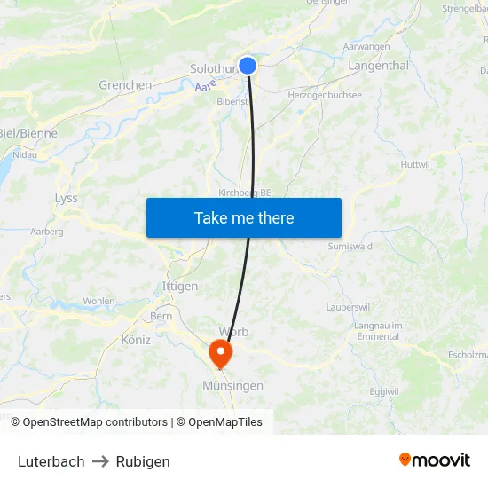 Luterbach to Rubigen map