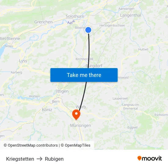 Kriegstetten to Rubigen map