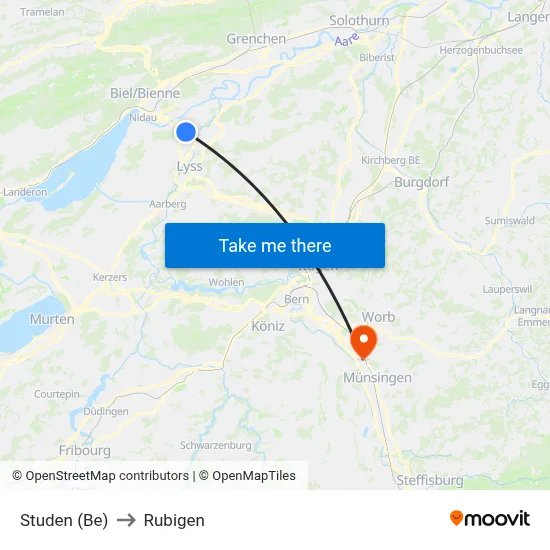 Studen (Be) to Rubigen map
