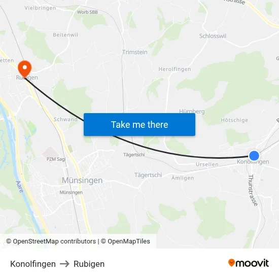 Konolfingen to Rubigen map