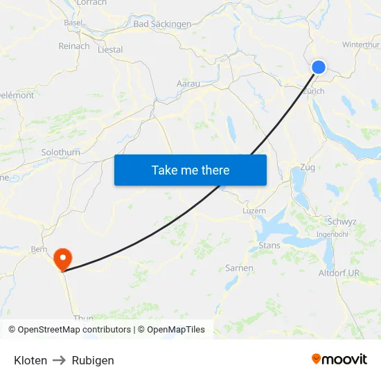 Kloten to Rubigen map