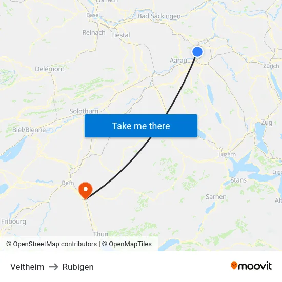 Veltheim to Rubigen map