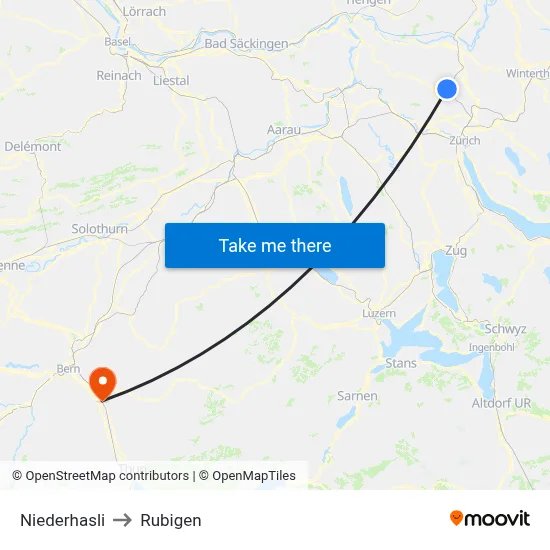 Niederhasli to Rubigen map