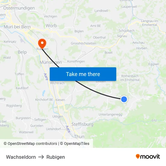 Wachseldorn to Rubigen map