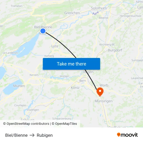 Biel/Bienne to Rubigen map