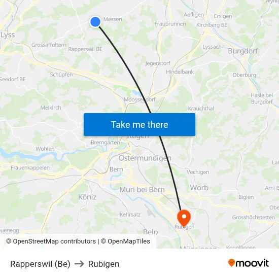 Rapperswil (Be) to Rubigen map