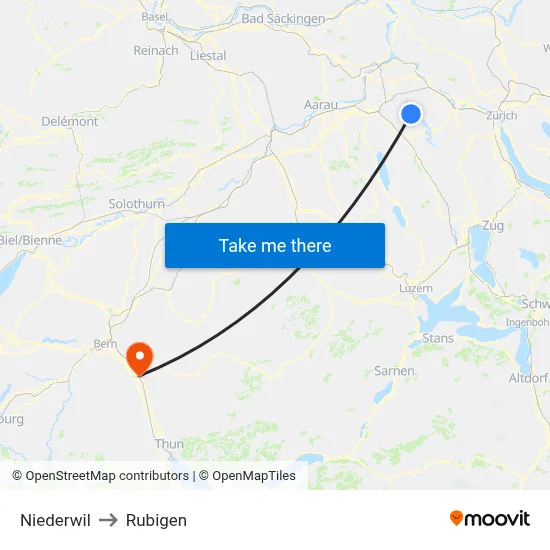 Niederwil to Rubigen map