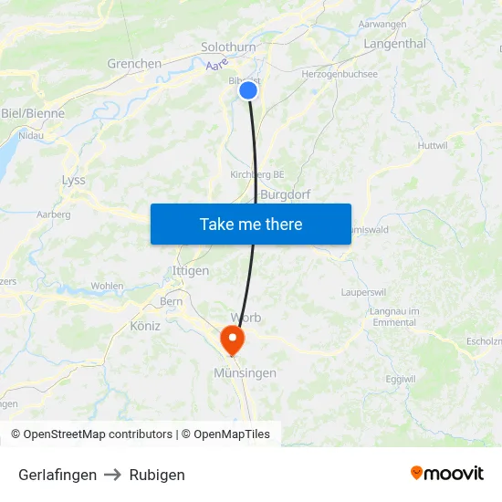 Gerlafingen to Rubigen map
