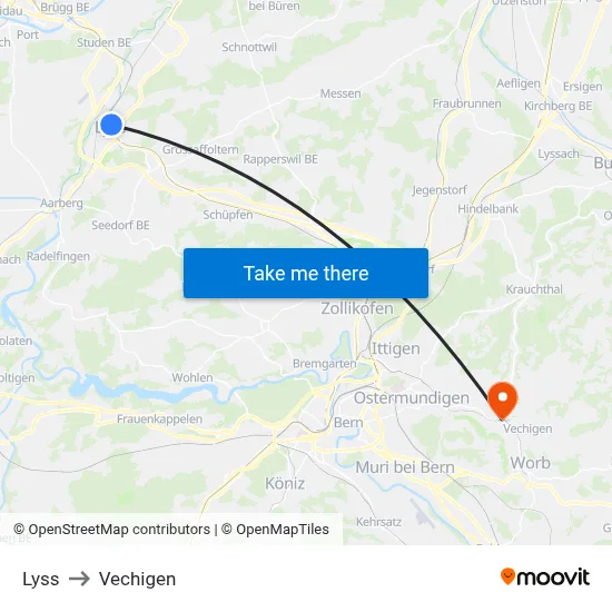 Lyss to Vechigen map