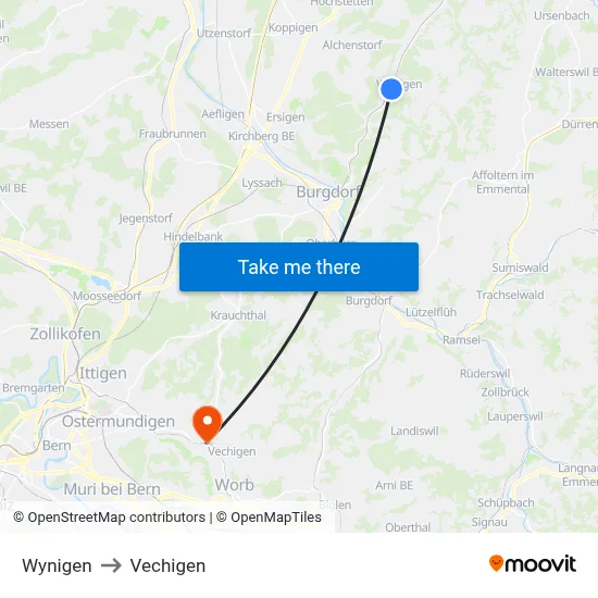 Wynigen to Vechigen map