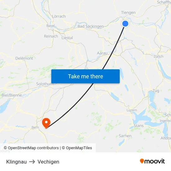 Klingnau to Vechigen map