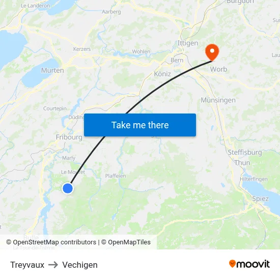 Treyvaux to Vechigen map