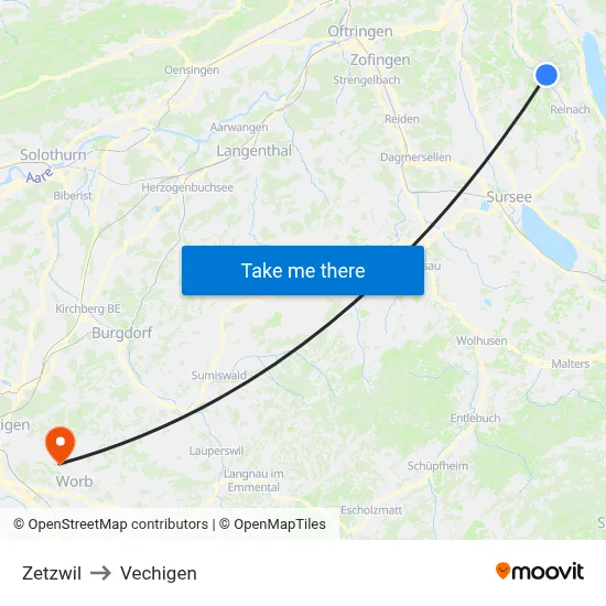 Zetzwil to Vechigen map