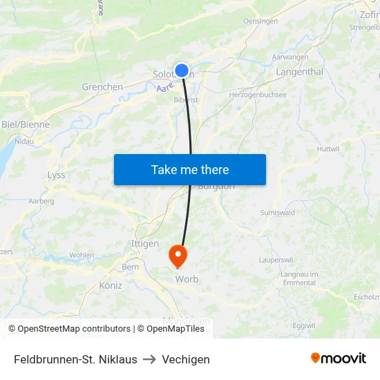 Feldbrunnen-St. Niklaus to Vechigen map