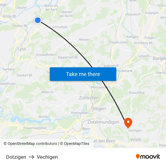 Dotzigen to Vechigen map