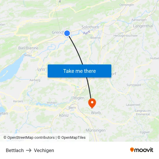 Bettlach to Vechigen map