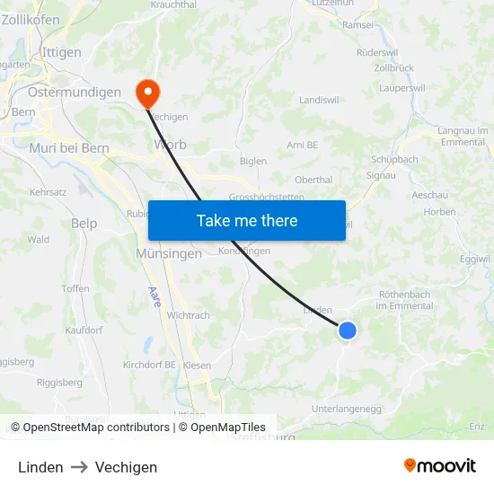 Linden to Vechigen map