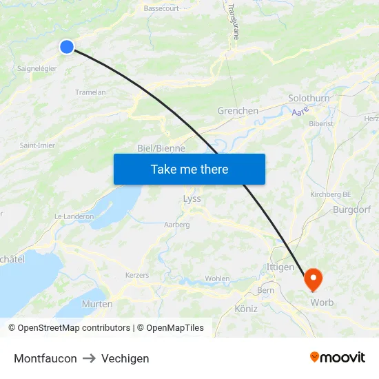Montfaucon to Vechigen map
