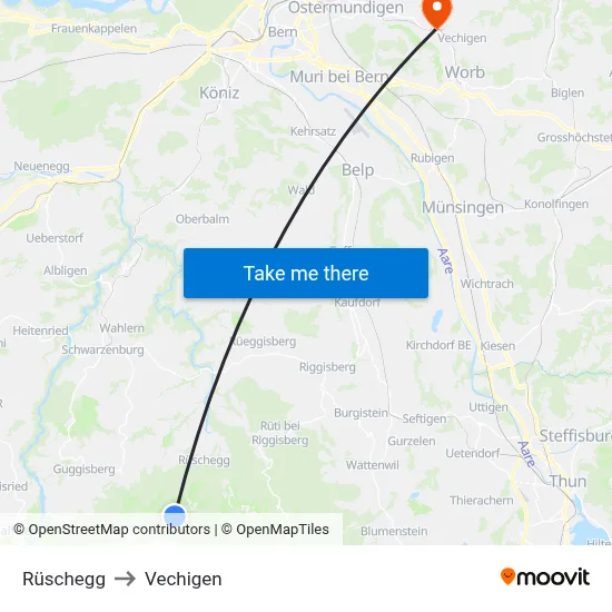 Rüschegg to Vechigen map