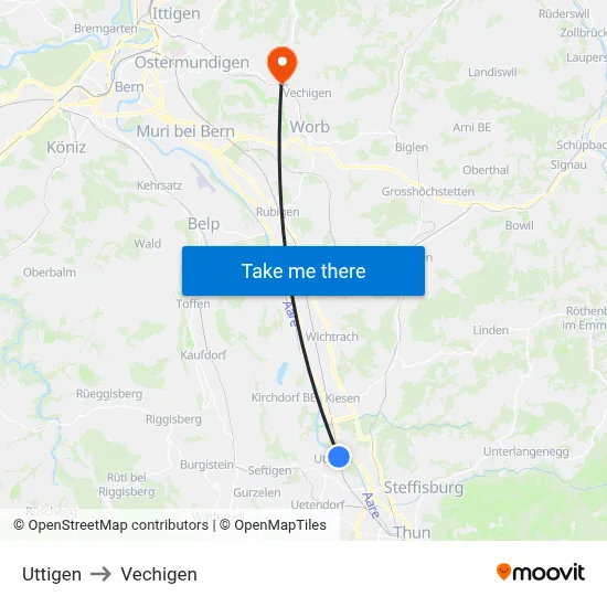 Uttigen to Vechigen map