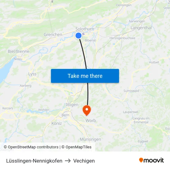 Lüsslingen-Nennigkofen to Vechigen map