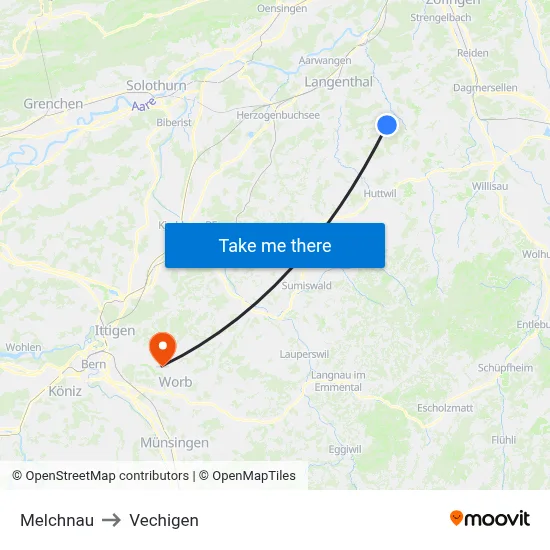 Melchnau to Vechigen map