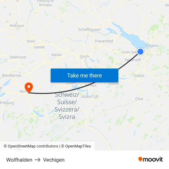 Wolfhalden to Vechigen map