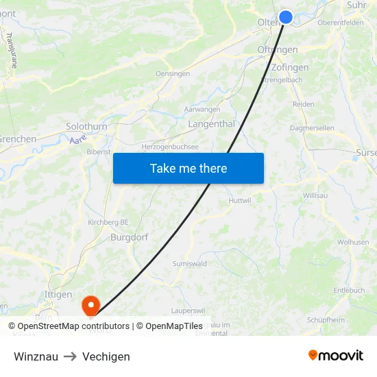 Winznau to Vechigen map