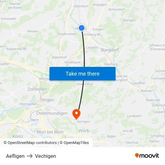 Aefligen to Vechigen map