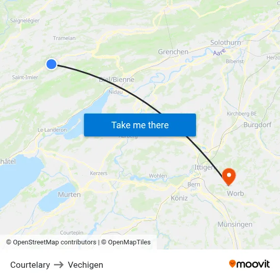 Courtelary to Vechigen map