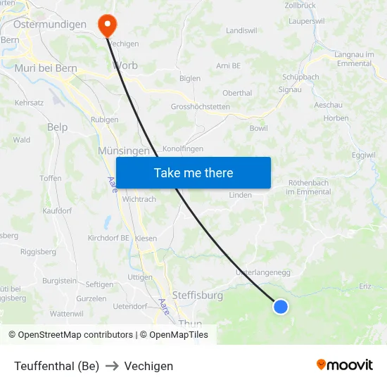Teuffenthal (Be) to Vechigen map
