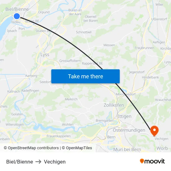 Biel/Bienne to Vechigen map