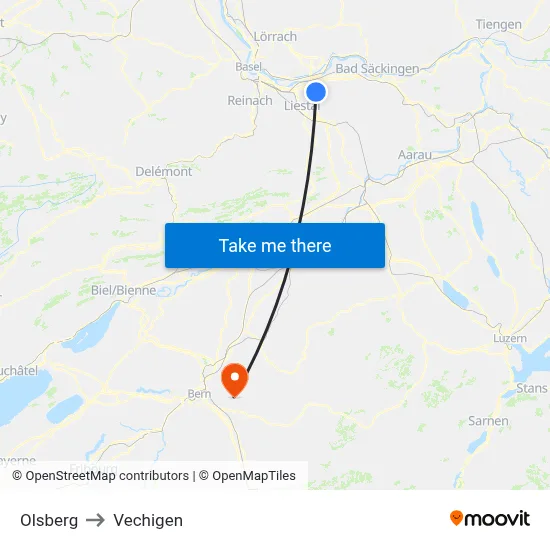 Olsberg to Vechigen map