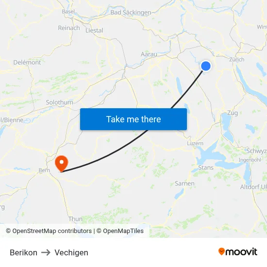 Berikon to Vechigen map