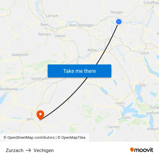 Zurzach to Vechigen map
