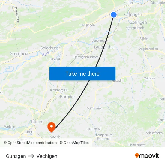 Gunzgen to Vechigen map