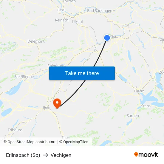 Erlinsbach (So) to Vechigen map