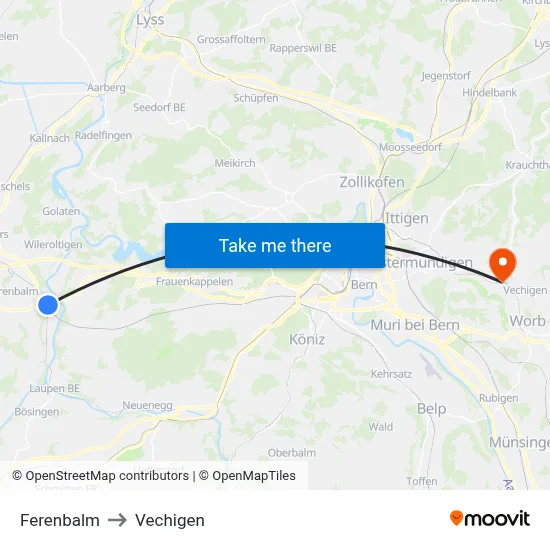 Ferenbalm to Vechigen map