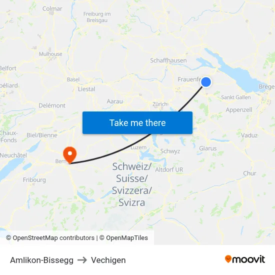 Amlikon-Bissegg to Vechigen map