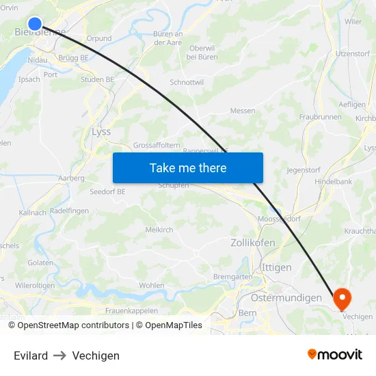 Evilard to Vechigen map