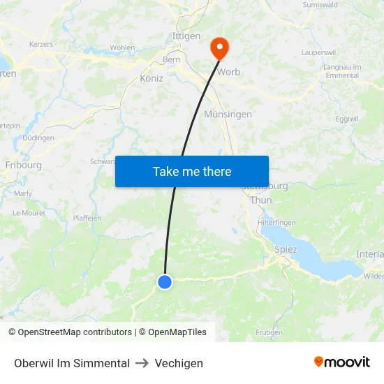 Oberwil Im Simmental to Vechigen map