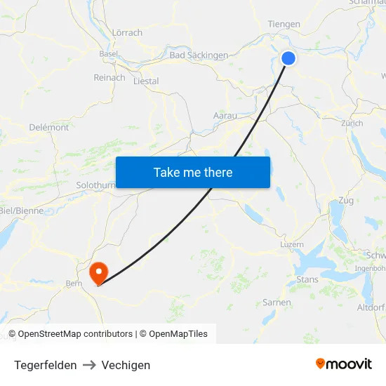 Tegerfelden to Vechigen map