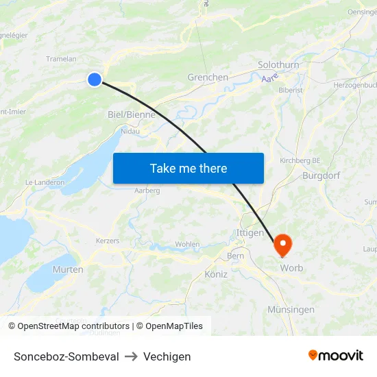 Sonceboz-Sombeval to Vechigen map