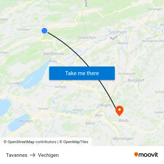 Tavannes to Vechigen map