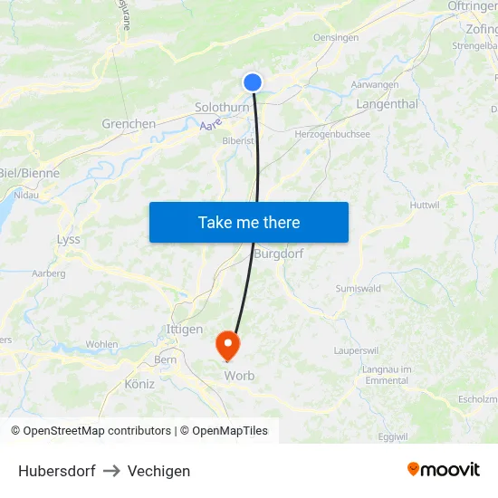 Hubersdorf to Vechigen map