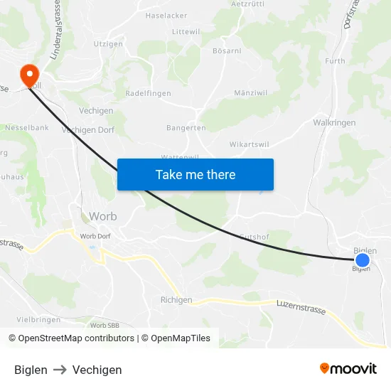 Biglen to Vechigen map