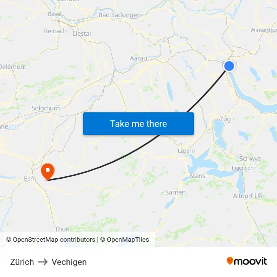Zürich to Vechigen map
