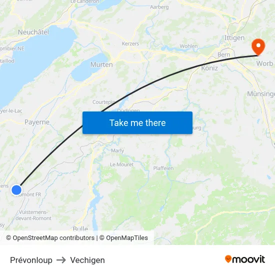 Prévonloup to Vechigen map