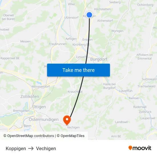 Koppigen to Vechigen map